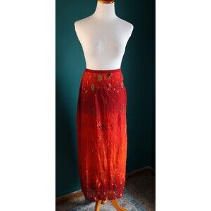 Vintage Floral Crinkle Vibrant Red Orange Maxi Skirt Tropical Ombre Large